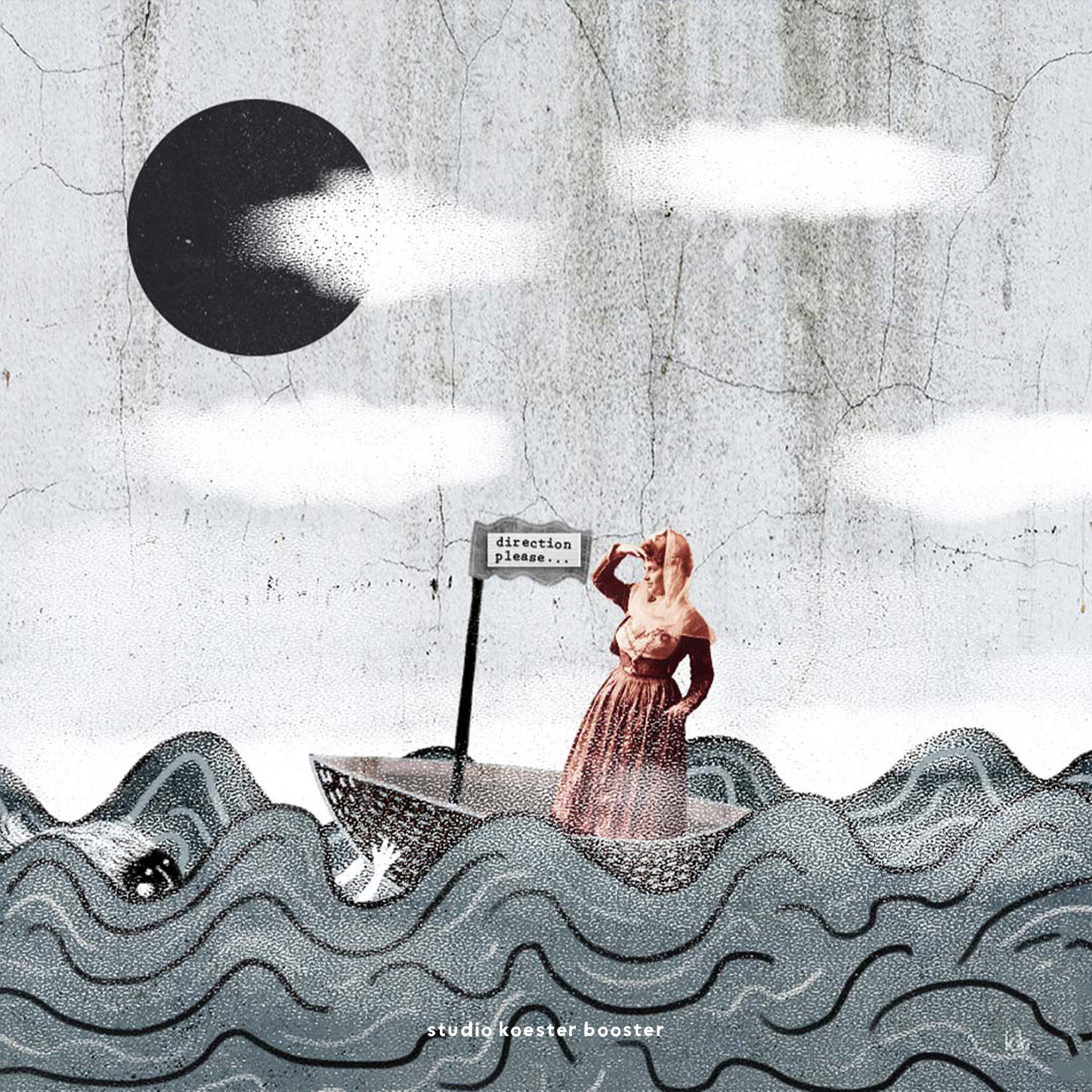illustratie en collage van een vrouw in een bootje op een woeste zee die richting probeert te vinden