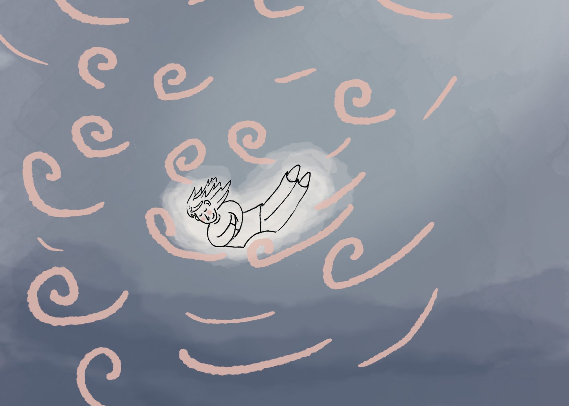 illustratie van vrouw die in de wind zweeft in een donkerblauwe lucht