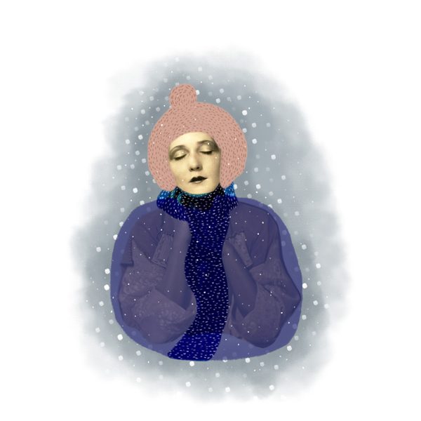 vrouw in de sneeuw illustratie met grijs roze en blauw