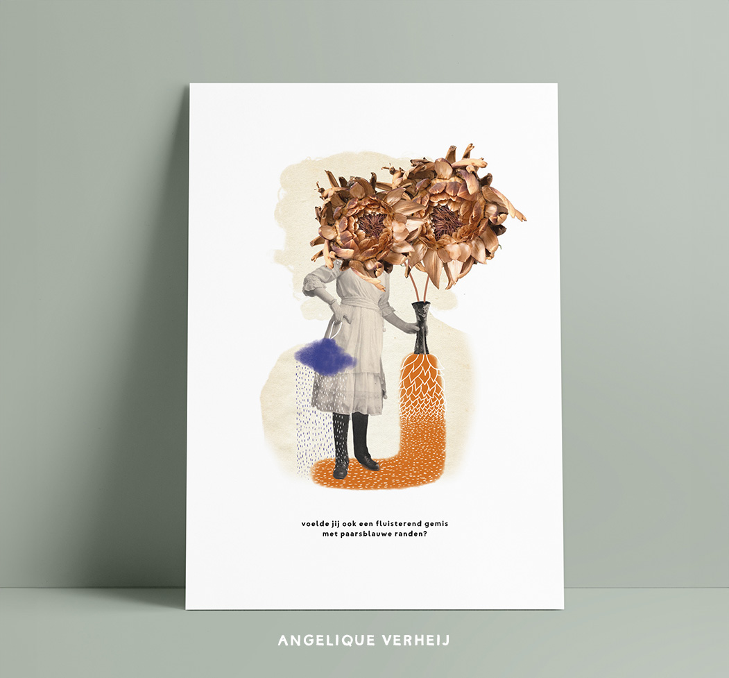 witte kaart met collage van vrouwfiguur met een bos bloemen van artisjok in haar hand