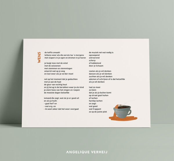 Lichtbruine kaart met gedicht en een collage van een koffiekopje met vrouwenhoofd
