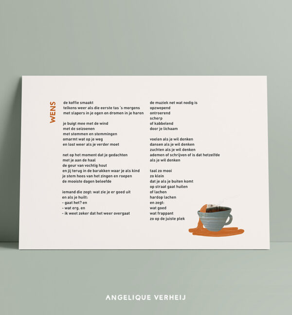 Lichtbruine kaart met gedicht en een collage van een koffiekopje met vrouwenhoofd